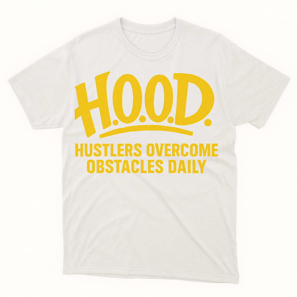 H.O.O.D. Classic Tee – Hustlers Overcome Obstacles Daily (White/Yellow Print)