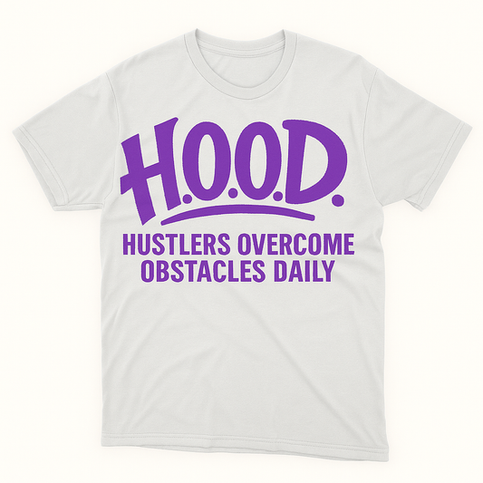 H.O.O.D. Classic Tee – Hustlers Overcome Obstacles Daily (White/Purple Print)