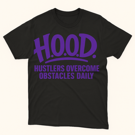 H.O.O.D. Classic Tee – Hustlers Overcome Obstacles Daily (Black/Purple Print)